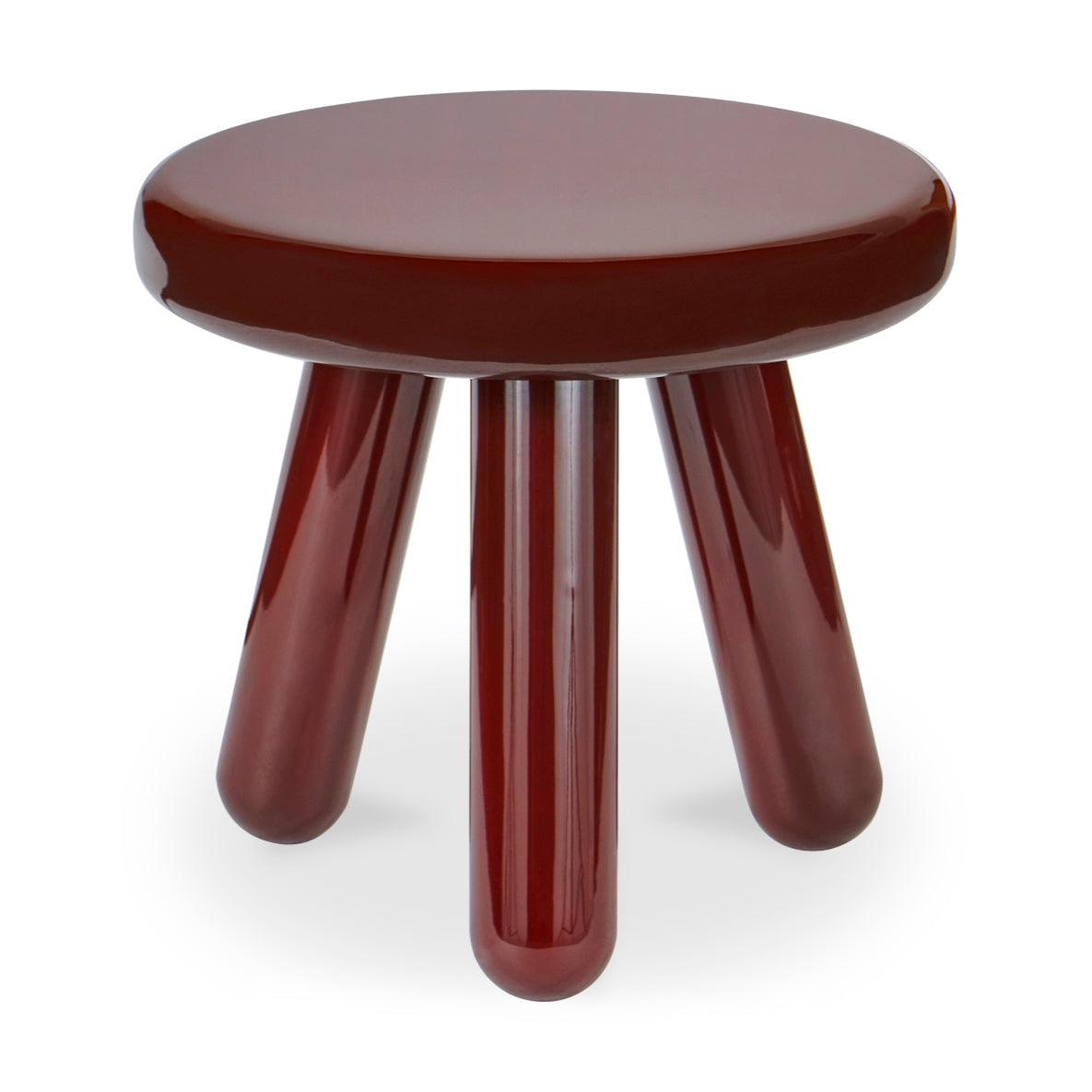 Round brown stool with four legs on a white background