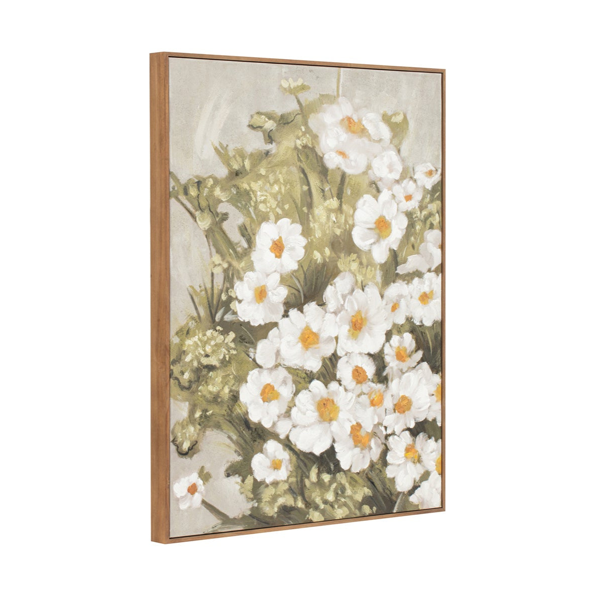 Framed artwork of white flowers with green leaves on a white background