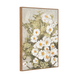Framed artwork of white flowers with green leaves on a white background