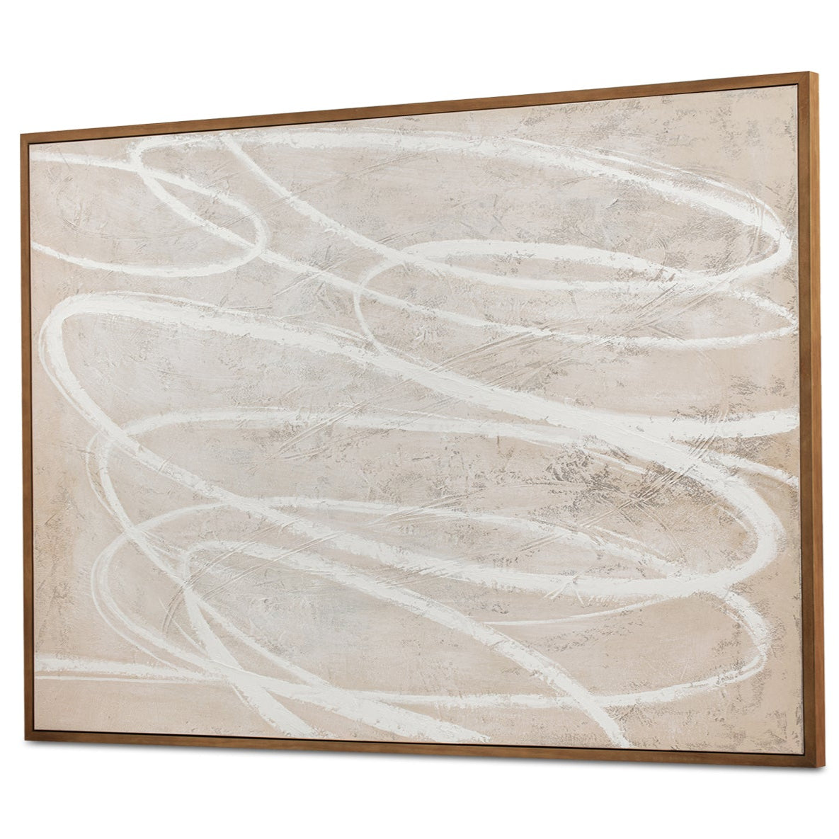Abstract art piece with wavy lines in a wooden frame on a white background