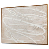 Abstract art piece with wavy lines in a wooden frame on a white background