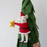 Mouse in Santa Suit Climbing Tree