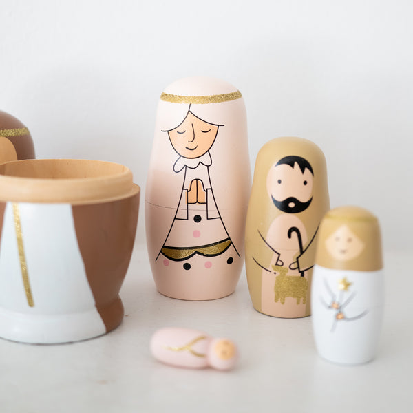 Hand-Painted Wood Nativity Nesting Dolls