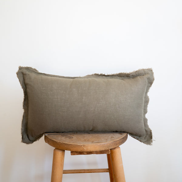 Lumbar Fringed Linen Pillow - Moss