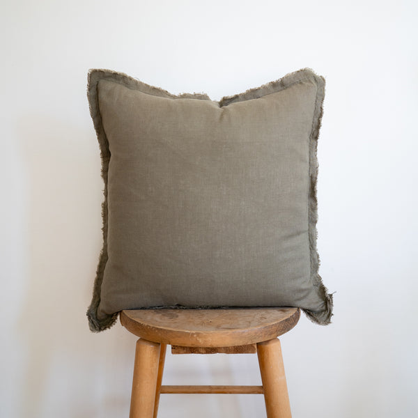Square Fringed Linen Pillow - Moss