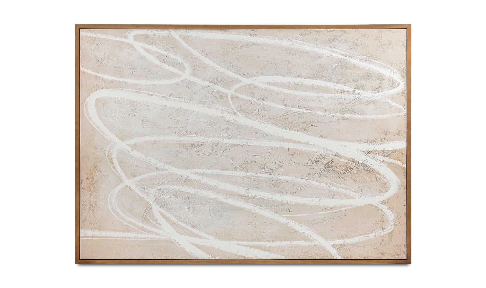 Abstract art piece with wavy lines on a beige background, framed in wood.