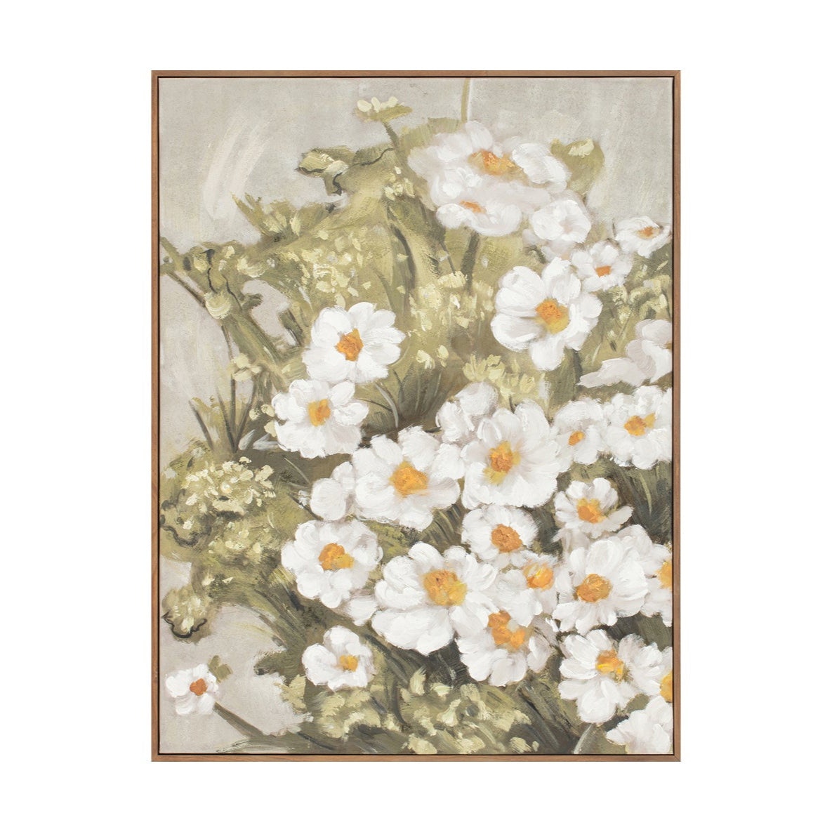 Framed artwork of white flowers with green leaves on a white background
