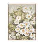 Framed artwork of white flowers with green leaves on a white background
