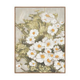 Framed artwork of white flowers with green leaves on a white background