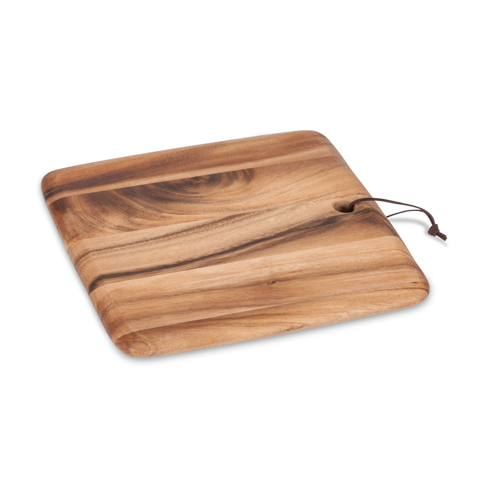 Square acacia wood board with leather strap