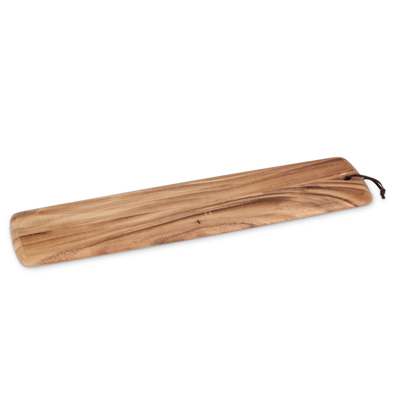 Long slim rectangular wood cheese board with leather strap