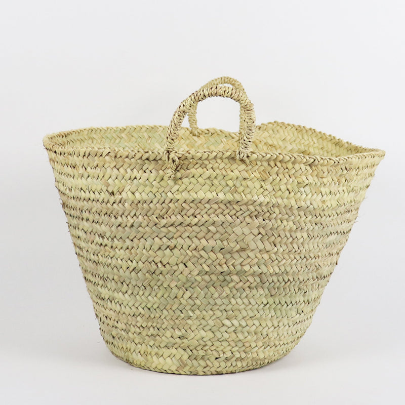 wide mouth tapered handwoven straw basket with straps
