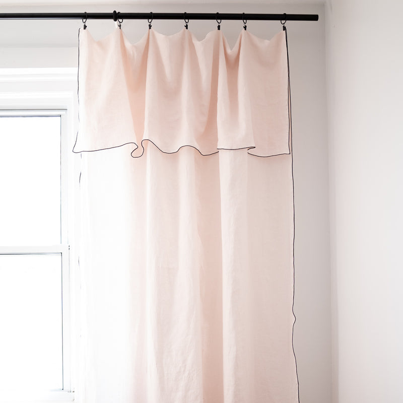 blush linen clip on curtain with black edge
