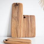 Square and slim rectangular acacia wood board with leather strap