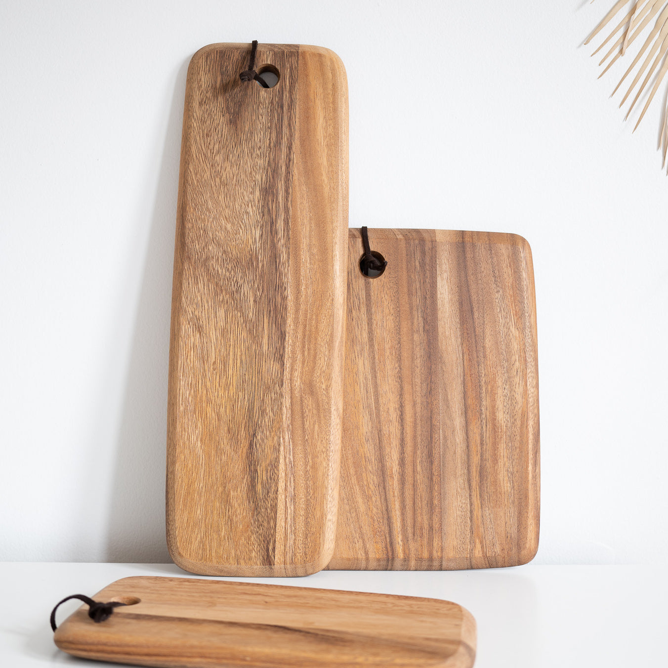 Square and slim rectangular acacia wood board with leather strap