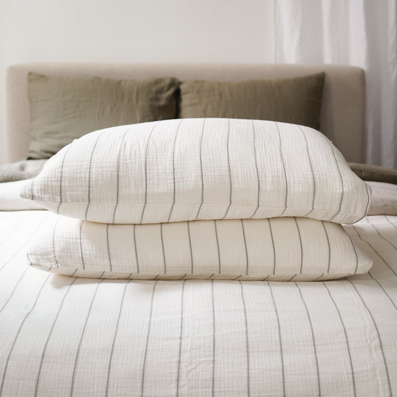 Cotton Gauze Pillowcases (set of 2) - Sage Wide Stripes