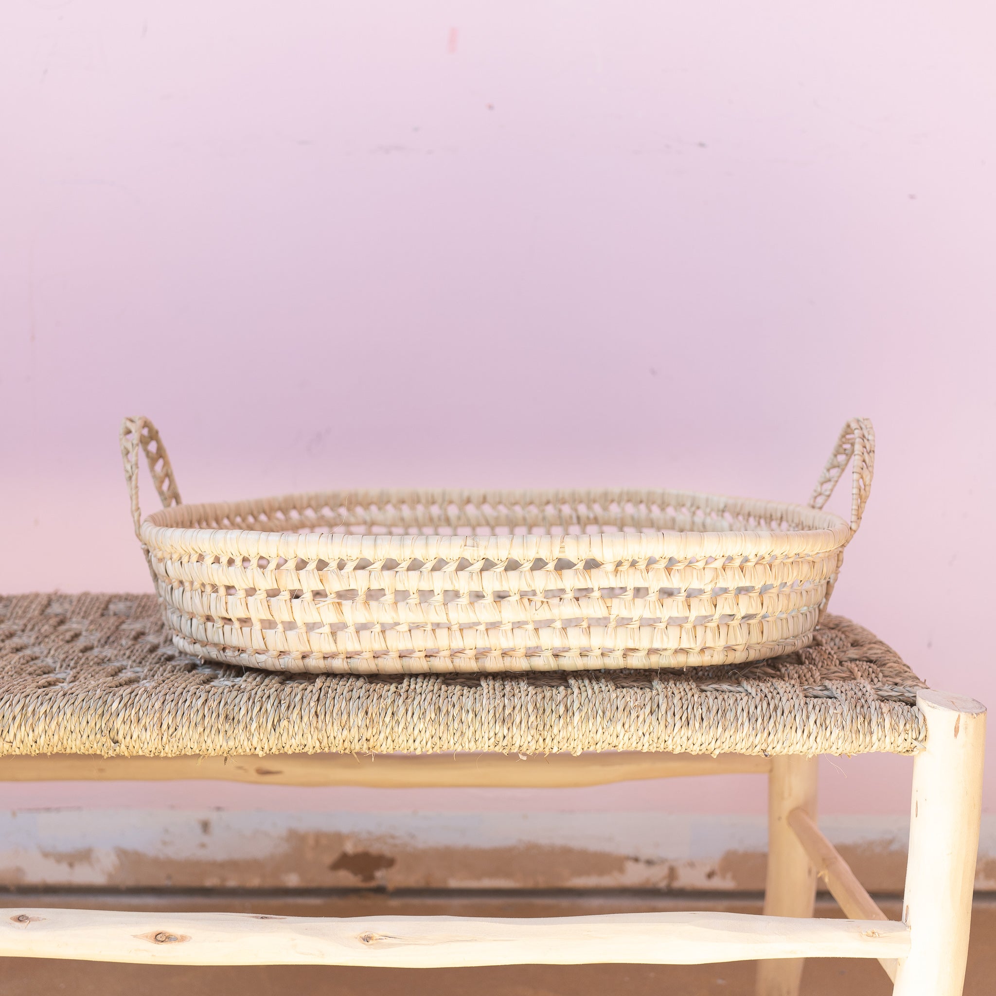 open weave straw handwoven tray with handles