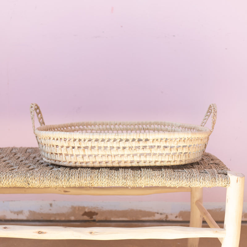 open weave straw handwoven tray with handles