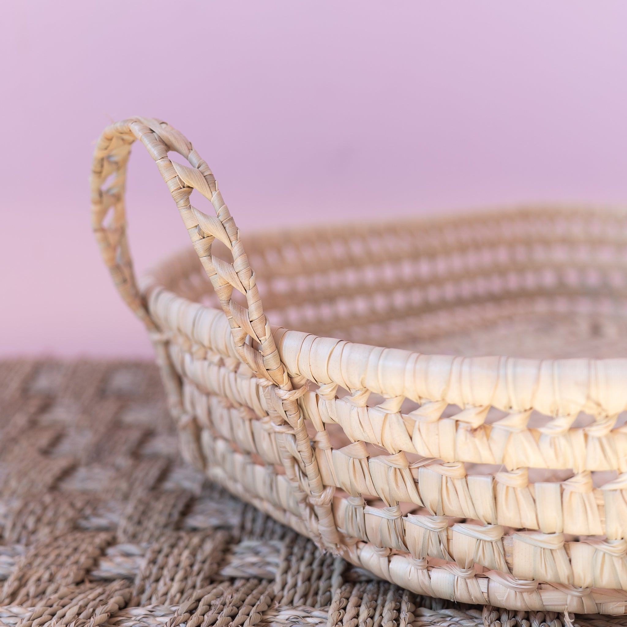 open weave straw handwoven tray with handles