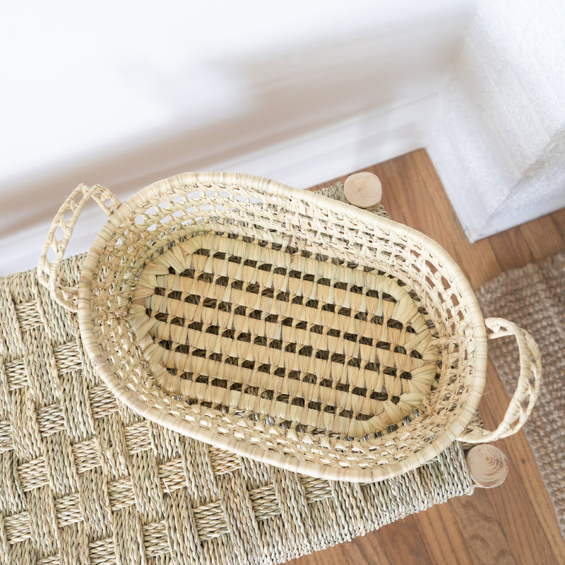 open weave straw handwoven tray with handles