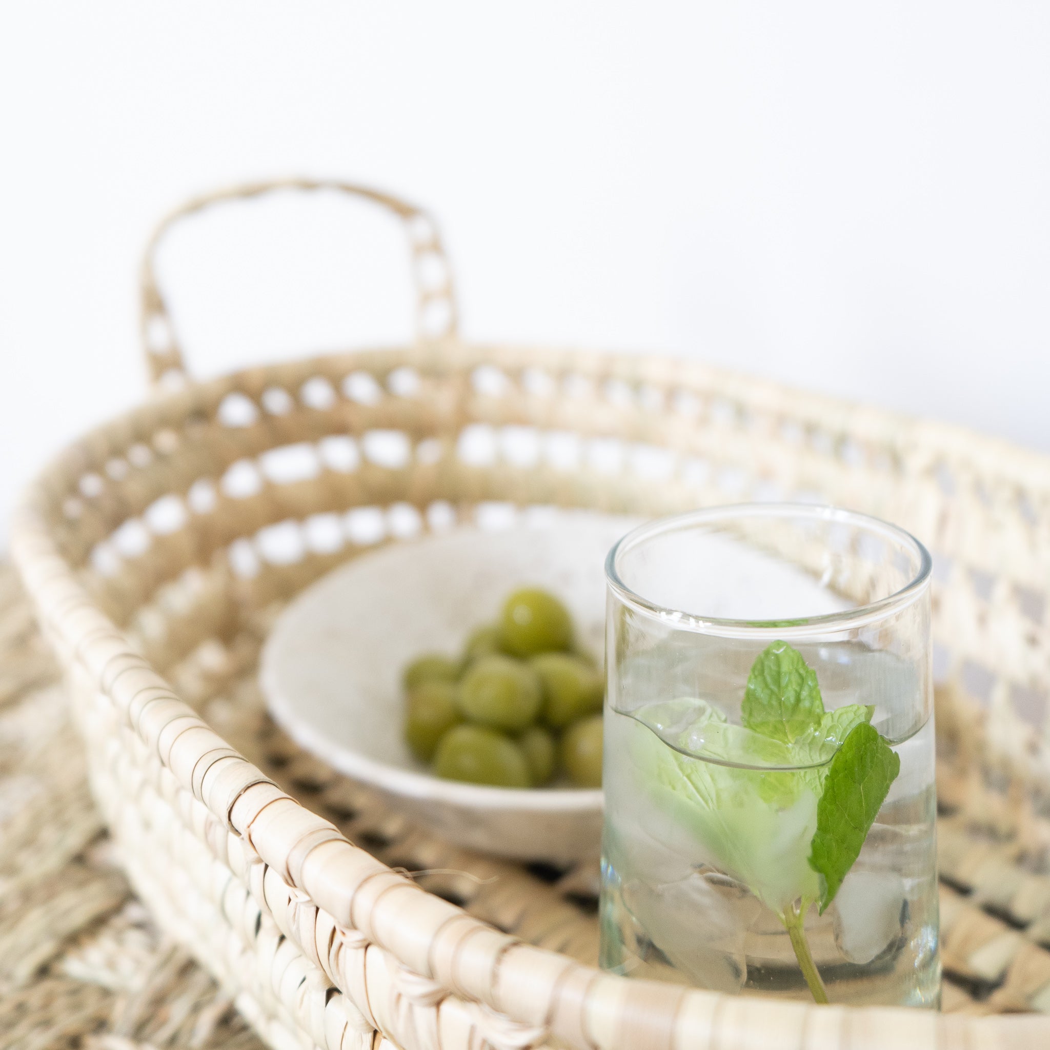 open weave straw handwoven tray with handles