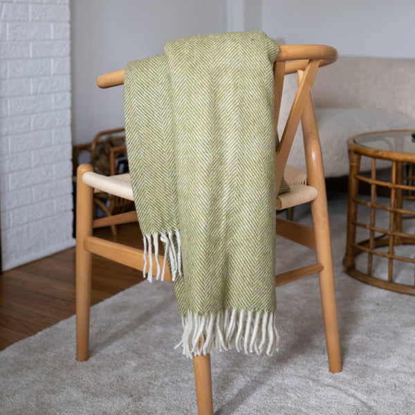 Recycled Wool Blanket in Olive Herringbone