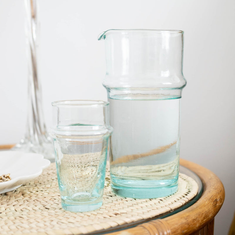 clear recycled glass beldi shaped jug with spout and matching glass