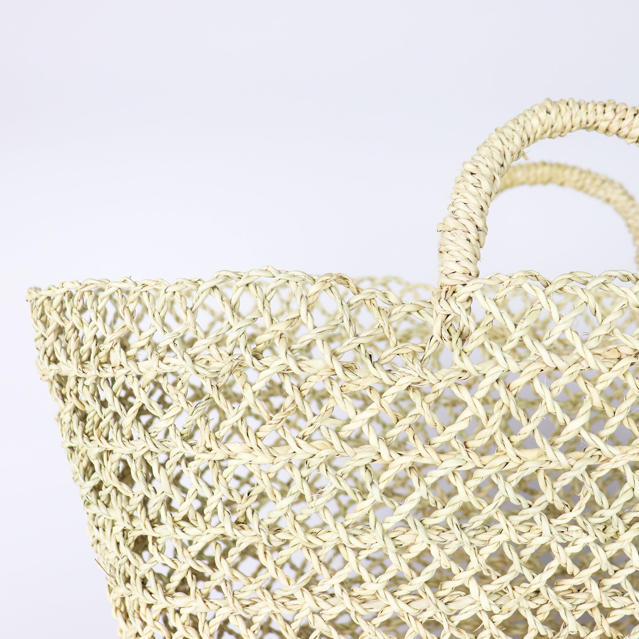 close up of open weave straw bag