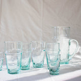clear recycled glass beldi shaped jug with spout and handle with matching glasses