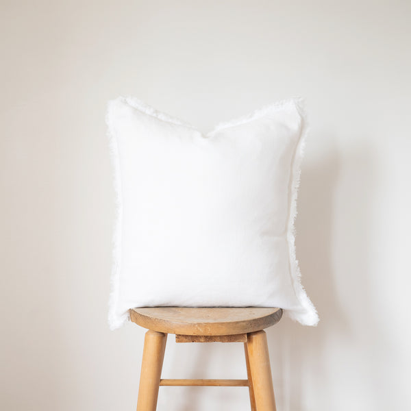 white square  fringed linen pillow