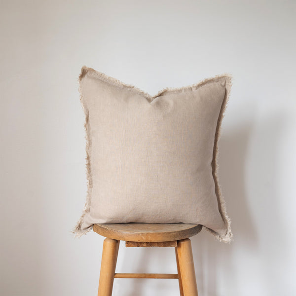 square natural beige fringed linen pillow