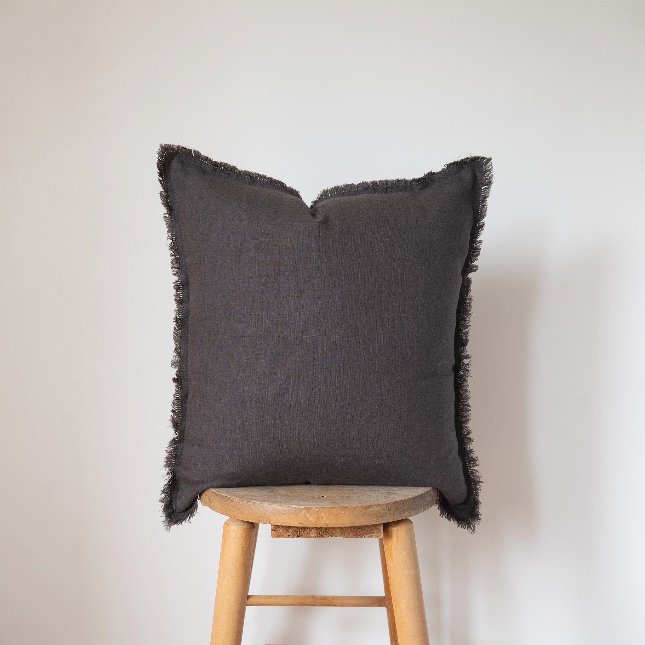 charcoal fringed square linen pillow
