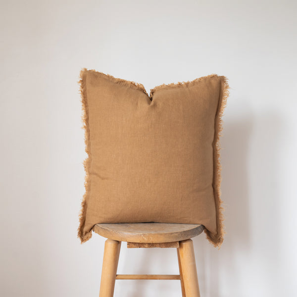 camel square fringed linen pillow
