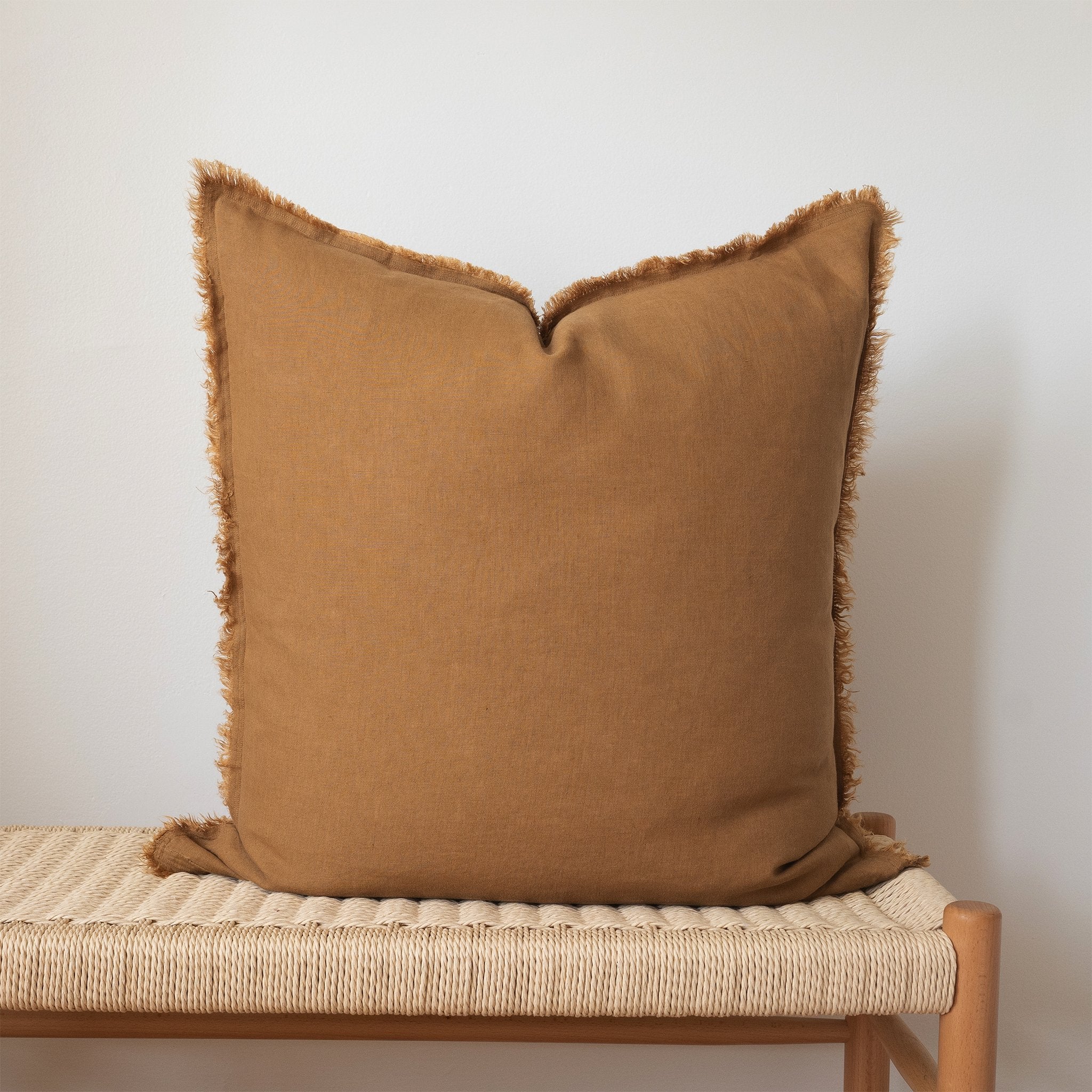 camel square fringed linen pillow
