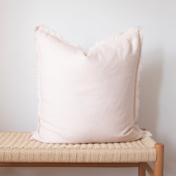 blush square fringed linen pillow